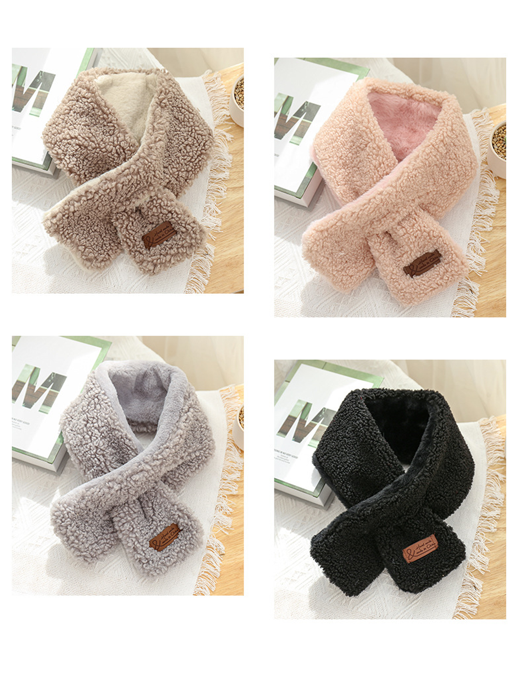 Beige, blush pink, light gray and black short scarves displayed together