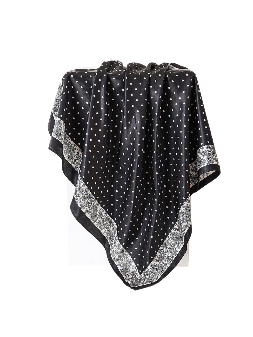 Black square scarf with white polka dots and paisley border