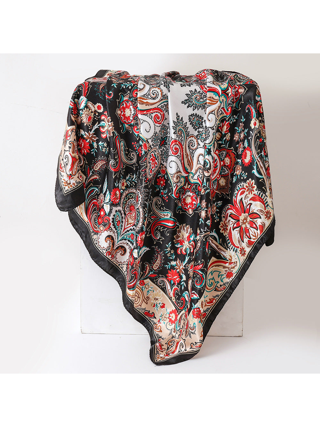 Dark navy floral paisley square scarf in a full draped view