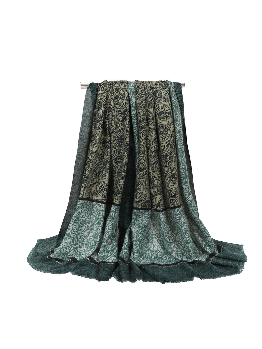 Dark green paisley rectangular scarf, full draped view
