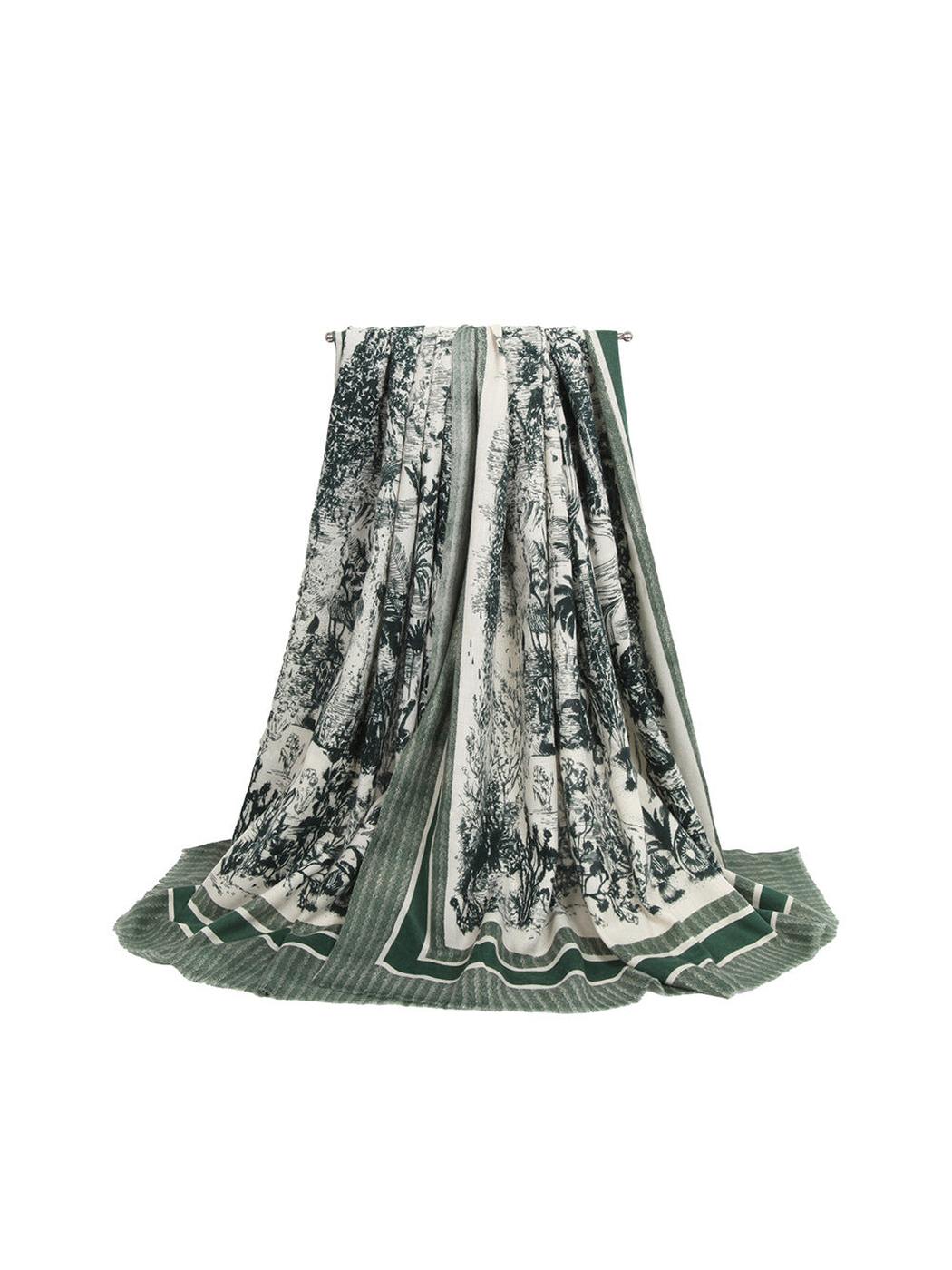 Dark green pastoral toile scarf with striped borders and short fringe