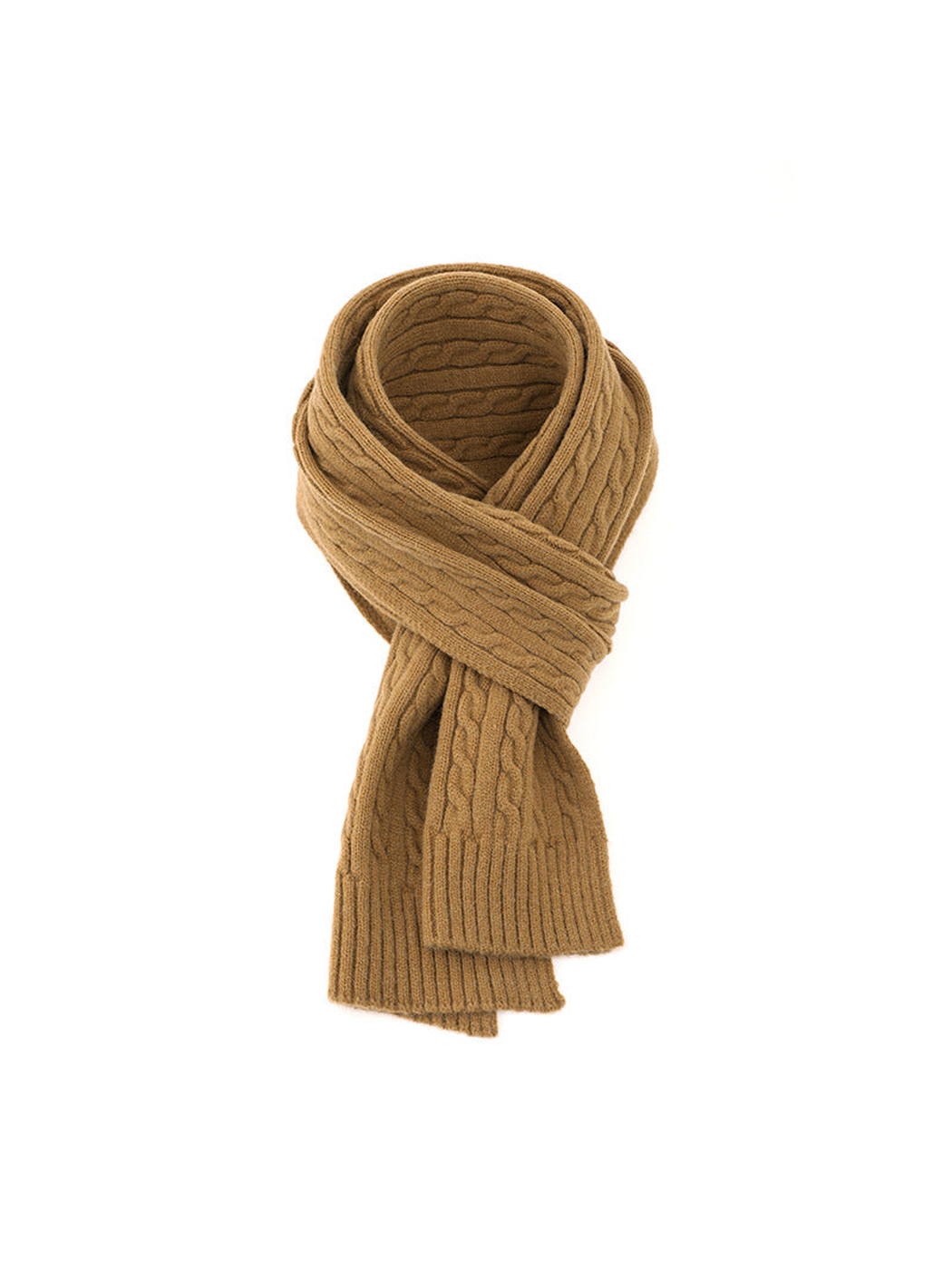 Camel tan cable-knit scarf with ribbed ends