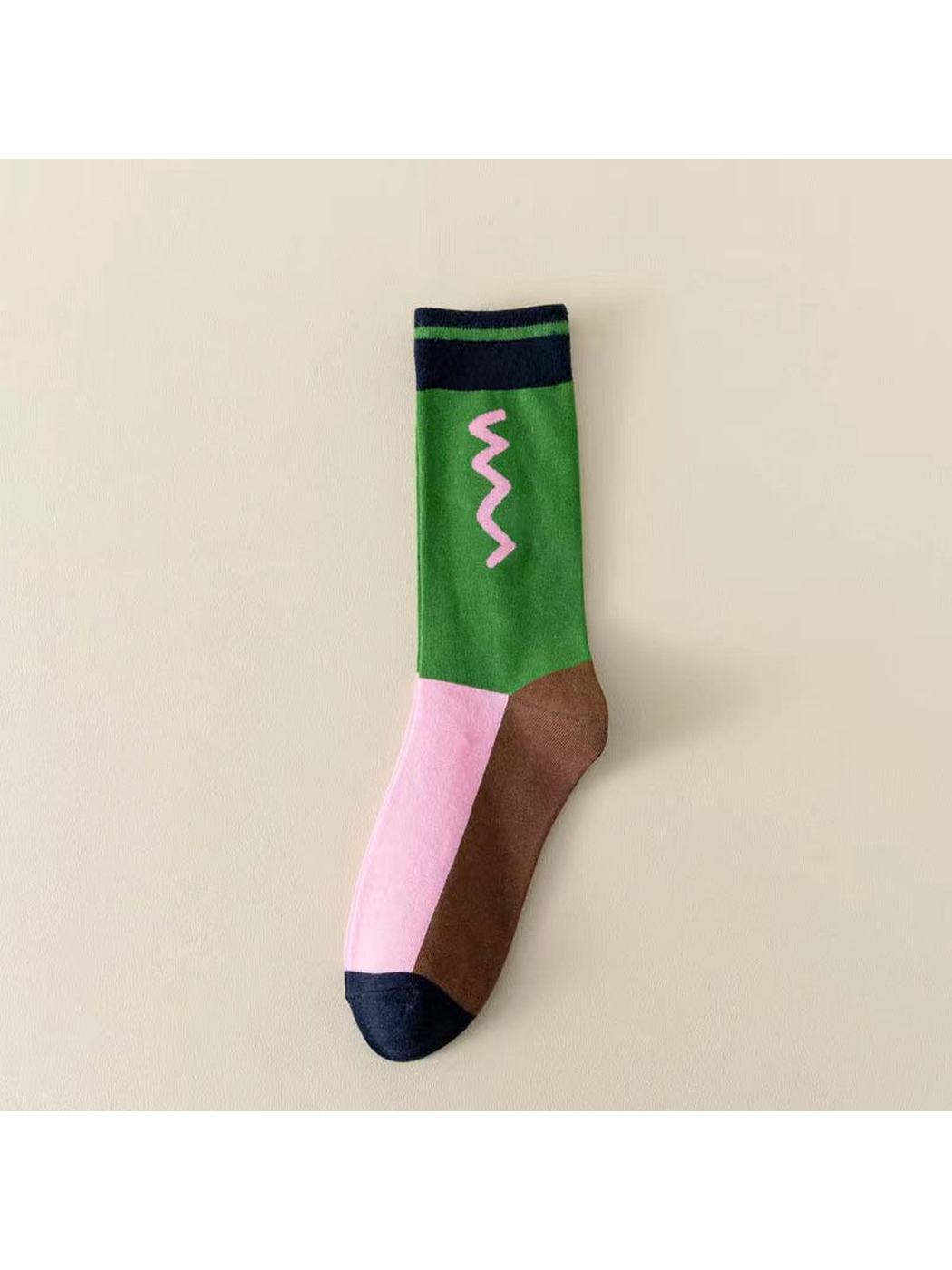 Green color-block crew sock with pink zigzag and navy trim