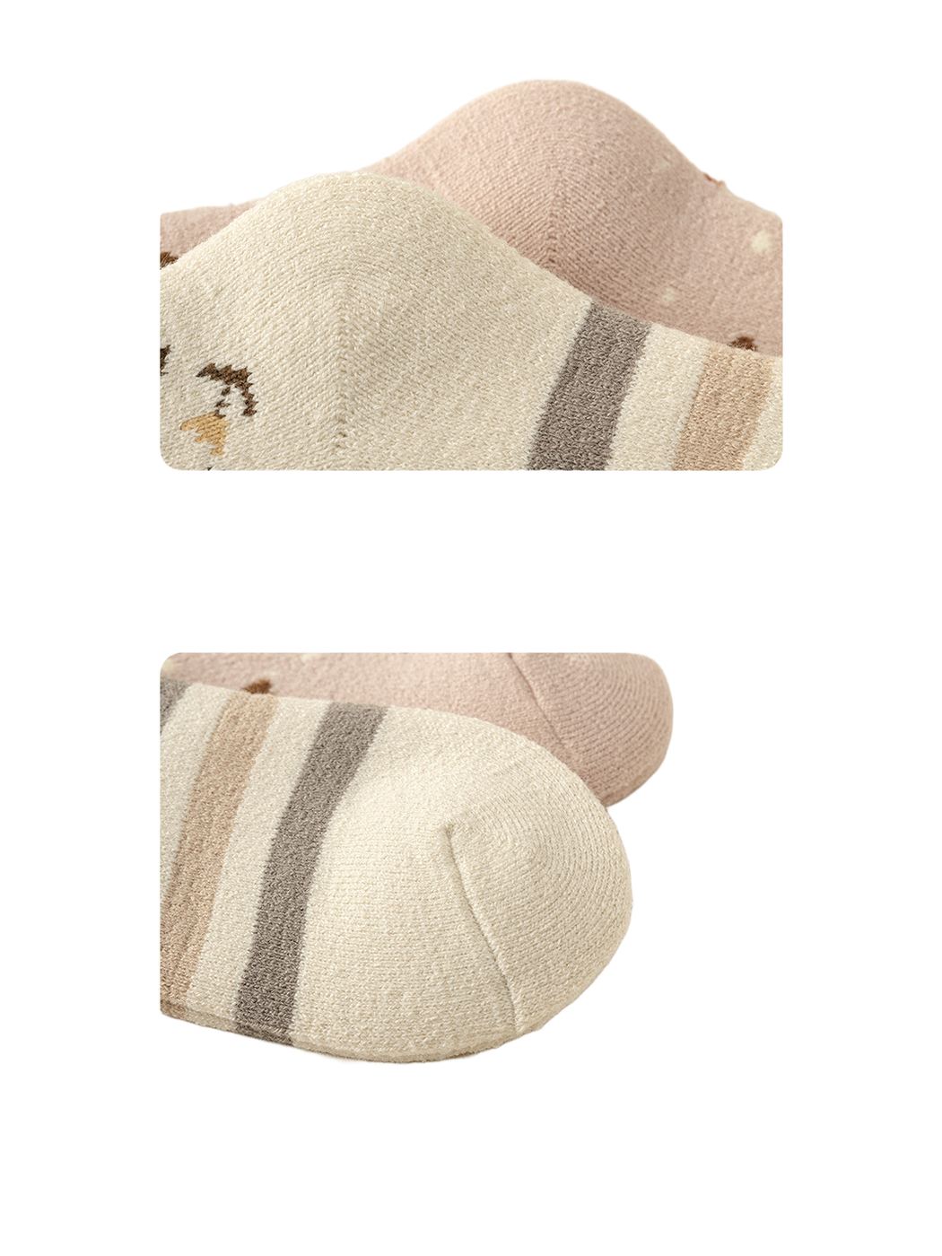 Close-up views of shaped sock heels and curved toe seams