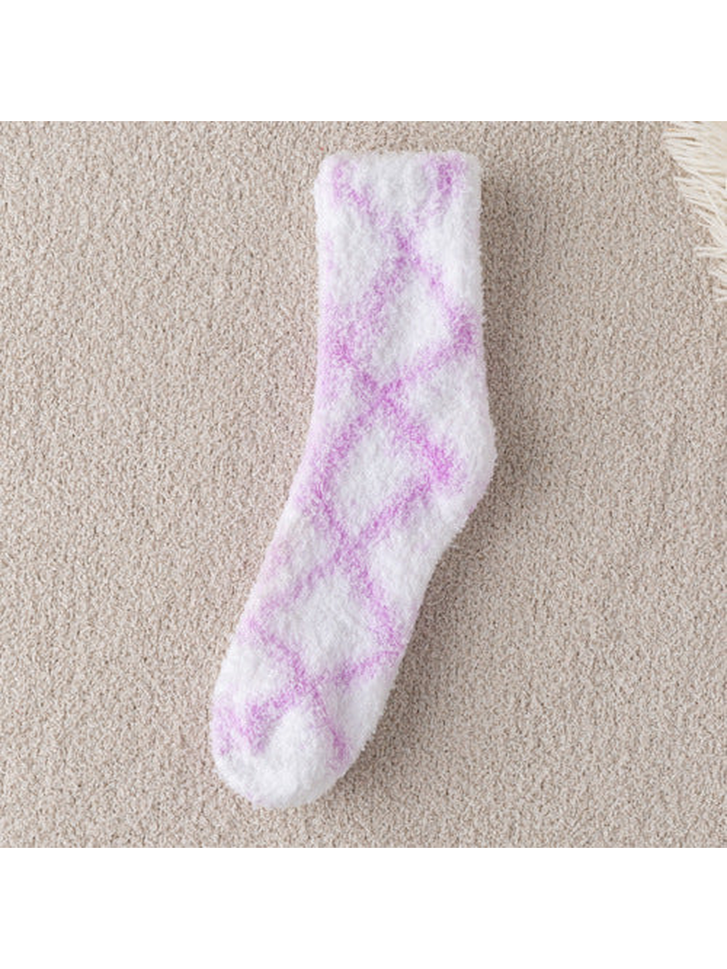 Light purple diamond-pattern fuzzy white crew sock, full view