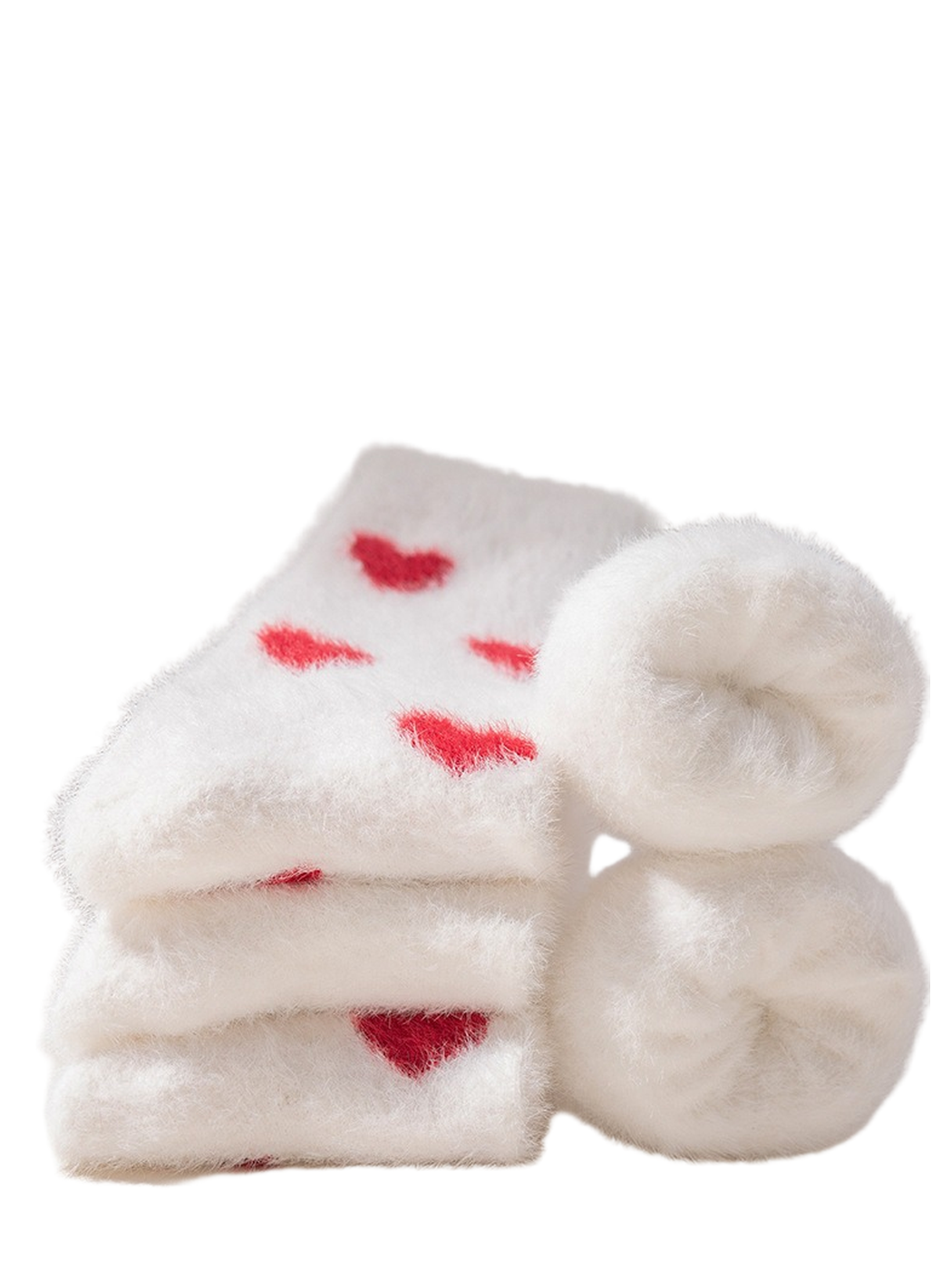 Folded white fuzzy socks with red heart motifs