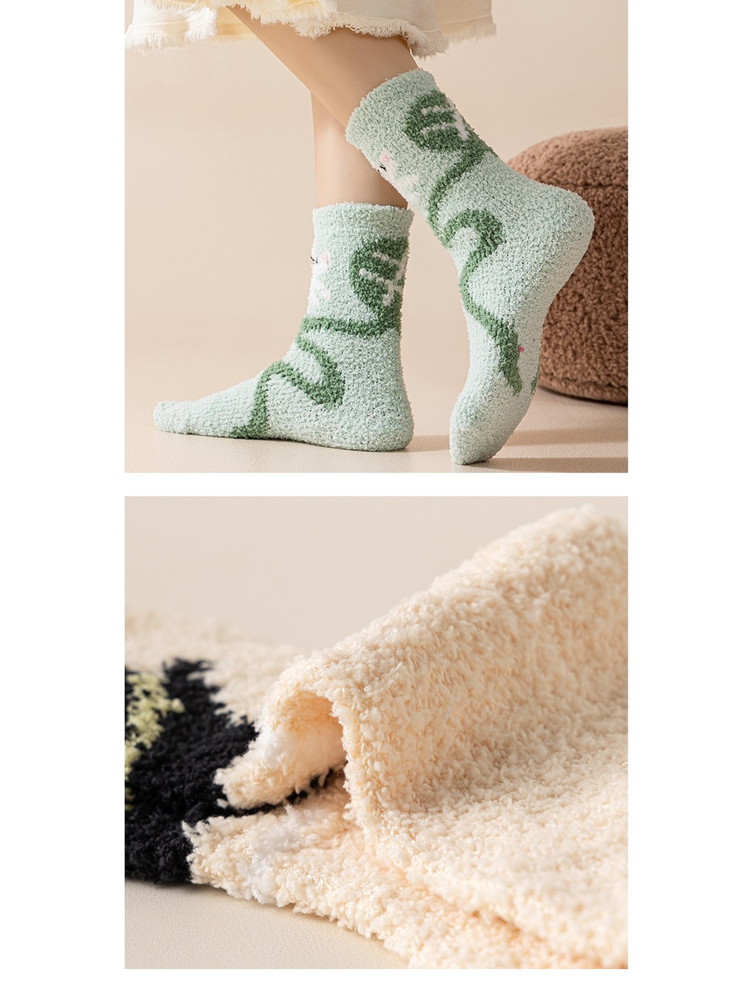 Close-up of the fuzzy looped sock texture inside and out