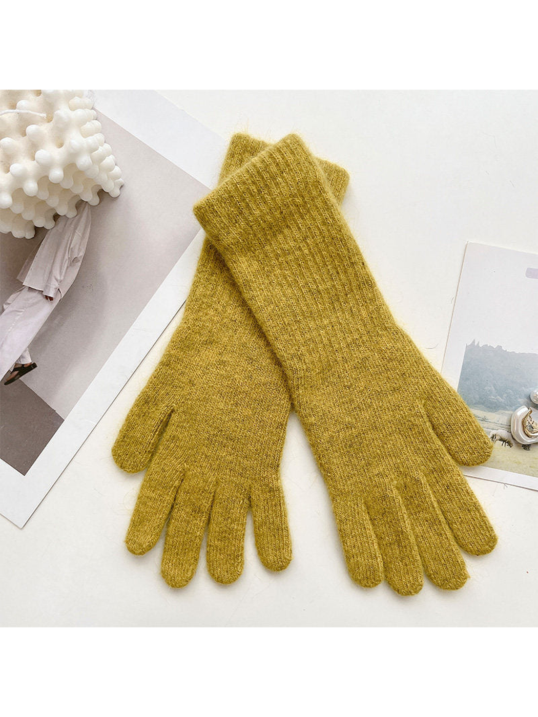 Mustard yellow five-finger gloves with extended ribbed cuffs