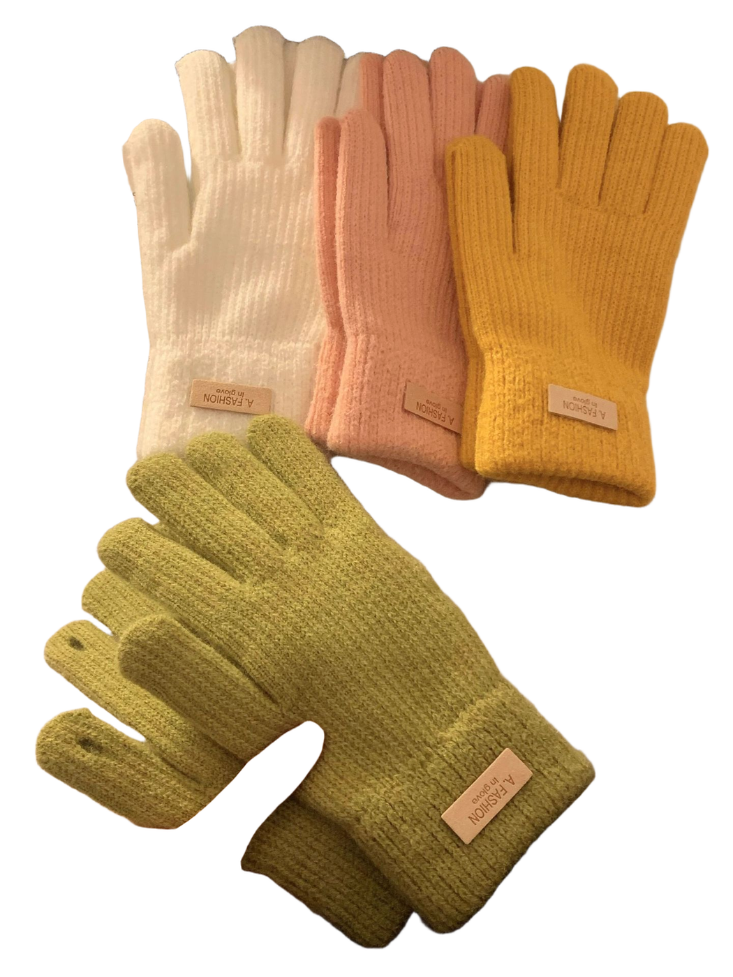 White, pink, mustard yellow and green knit gloves displayed together