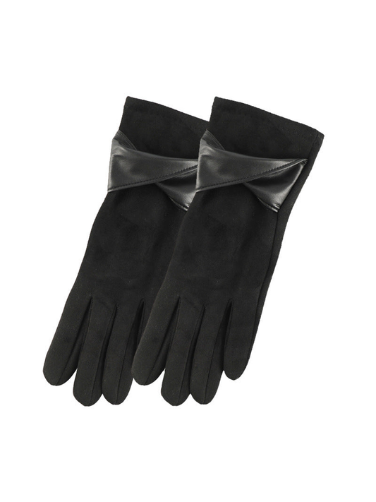 Black gloves with twisted bow cuff accents, front view
