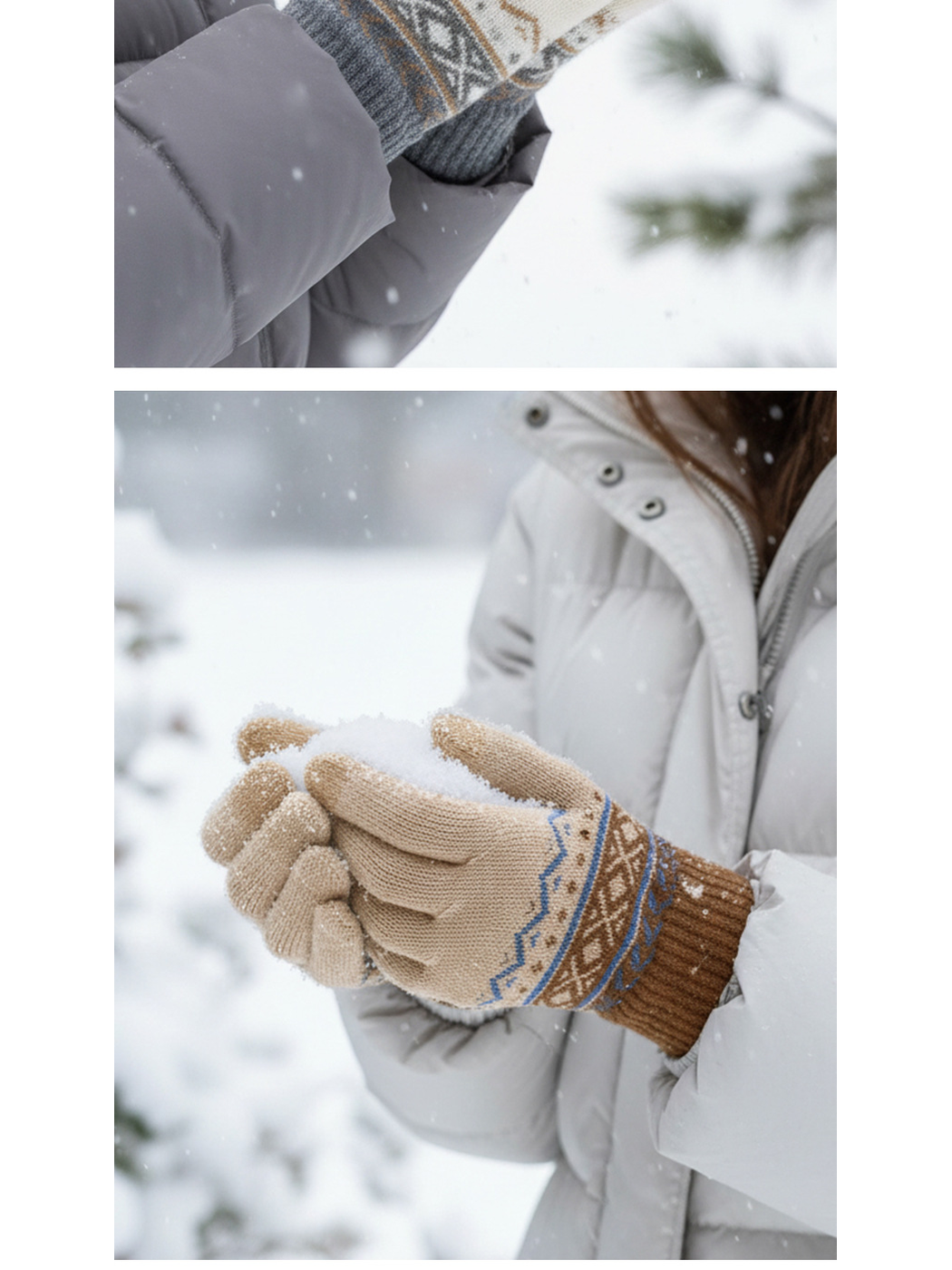 Geometric-pattern gloves worn outdoors in the snow