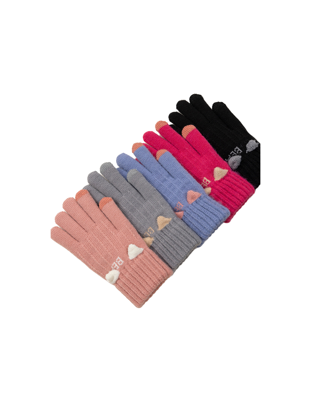 Multiple glove colors arranged together with contrasting fingertips and ear motifs