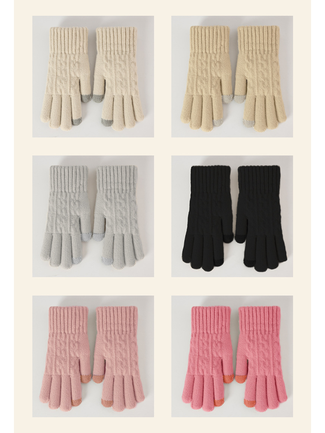 Beige, gray, black and pink cable-knit gloves displayed together
