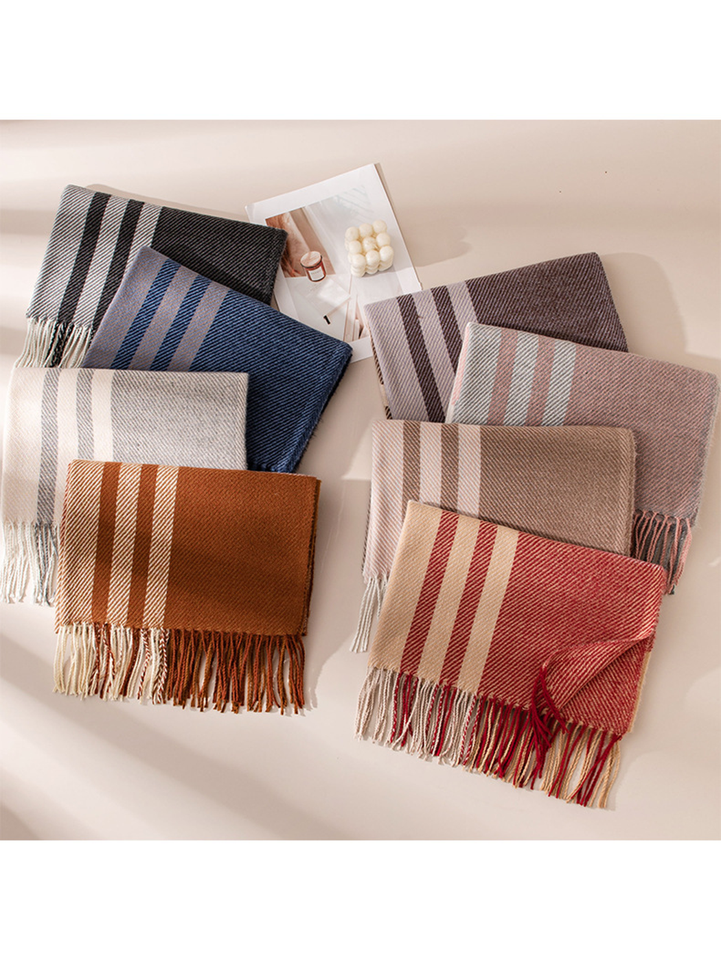 Eight plaid scarf colors arranged in two groups with visible fringe