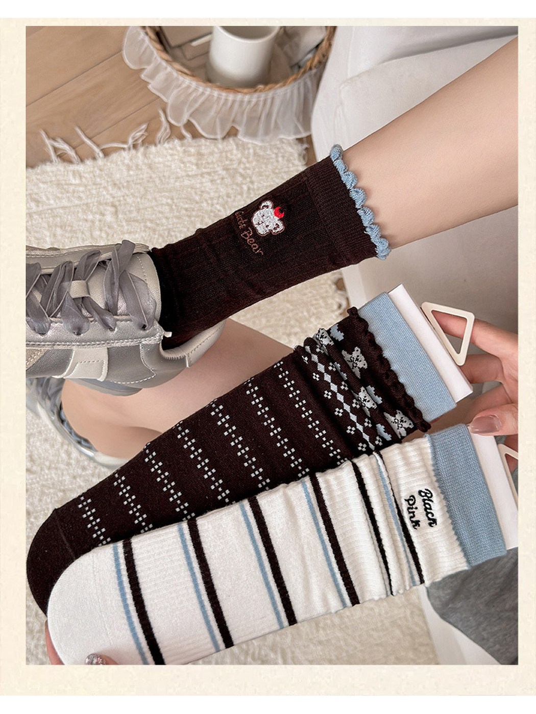 Letter Bear, Heart Bear and Letters crew sock designs displayed together