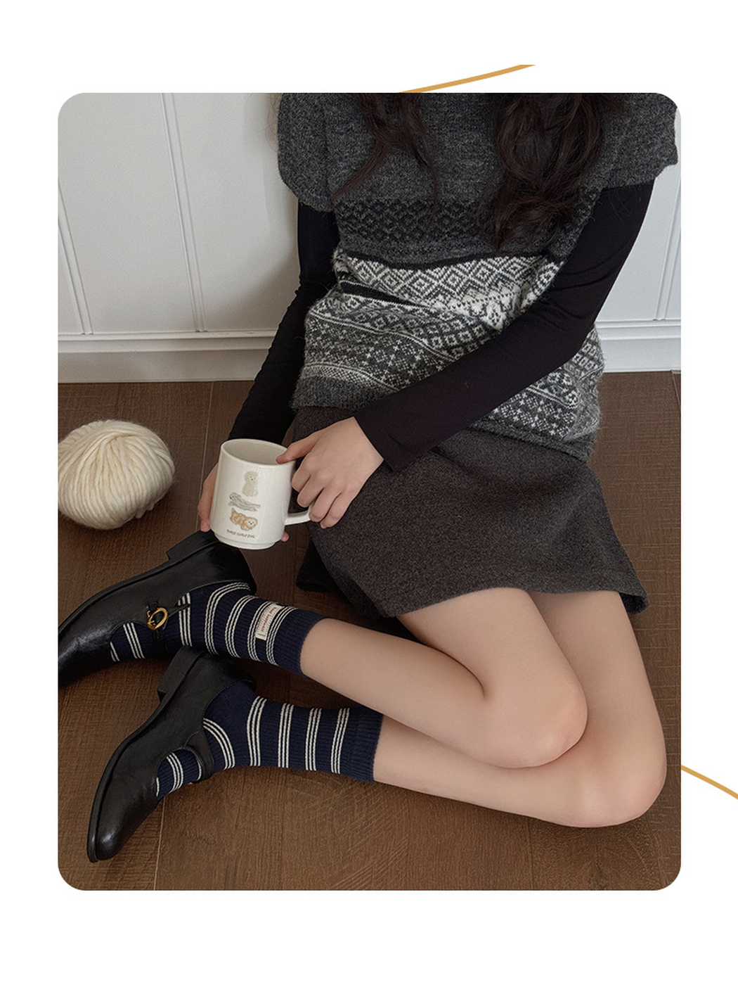 Navy striped crew socks styled with black shoes