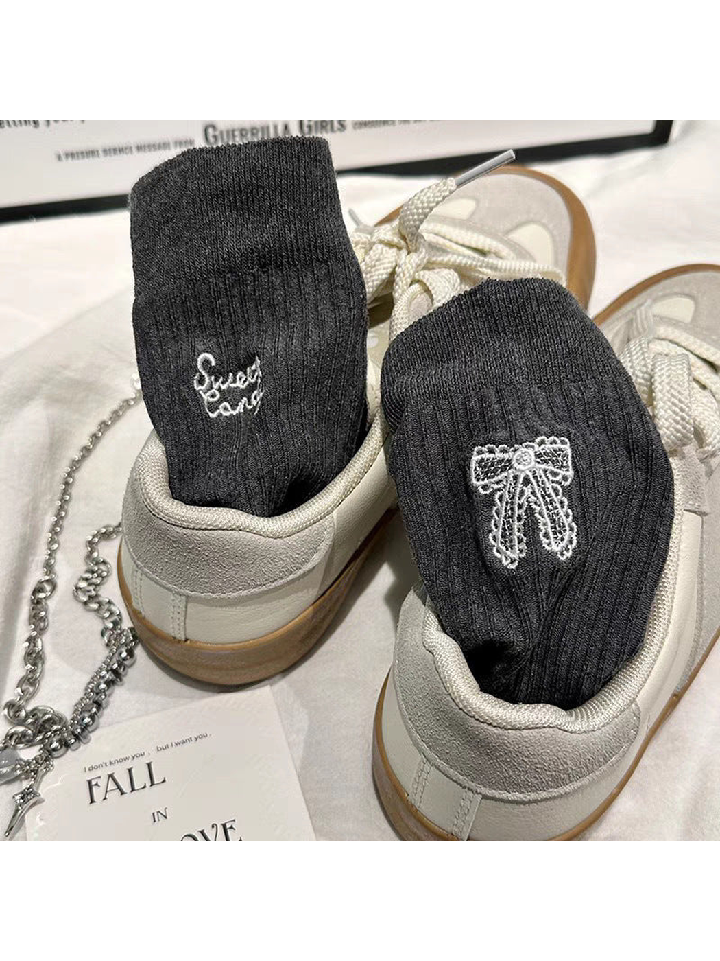 Dark Gray ribbed socks with white bow and script embroidery