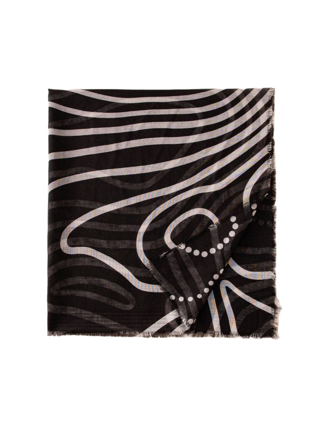 Black rectangular scarf folded to display its abstract white line pattern