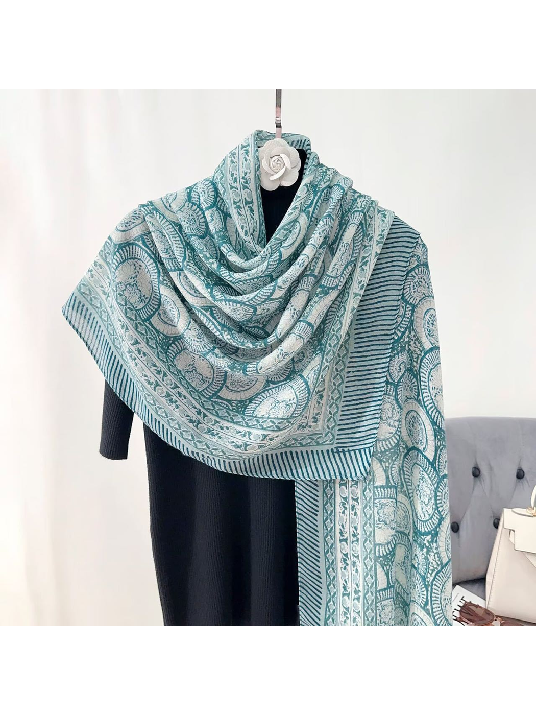 Teal Blue ornamental scarf with striped border, draped front view