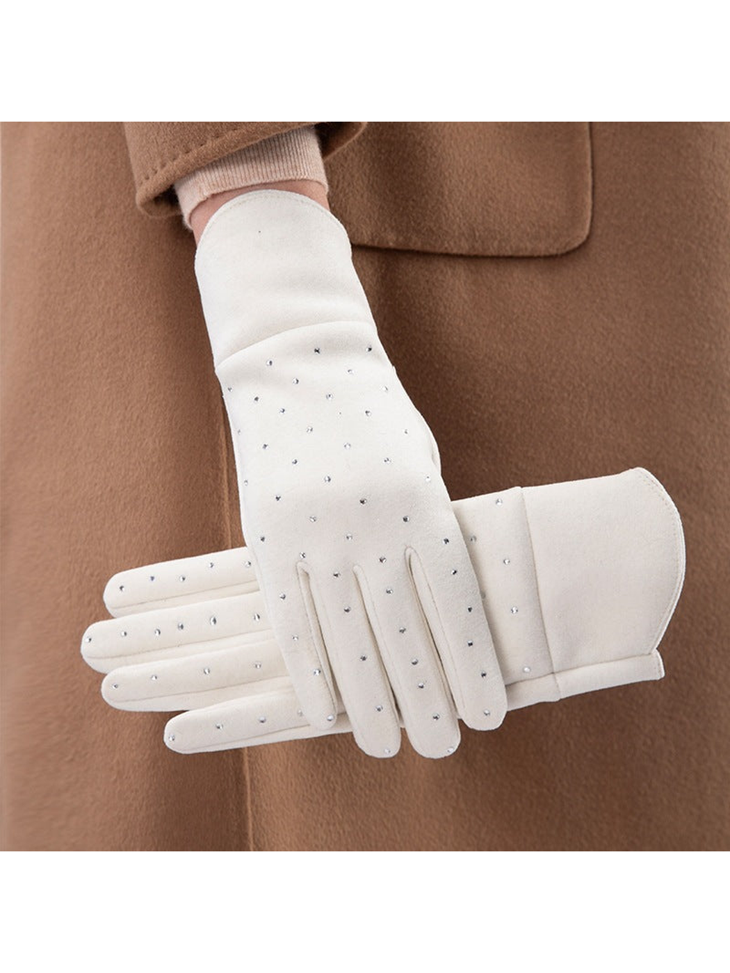 White gloves with scattered reflective dot embellishments