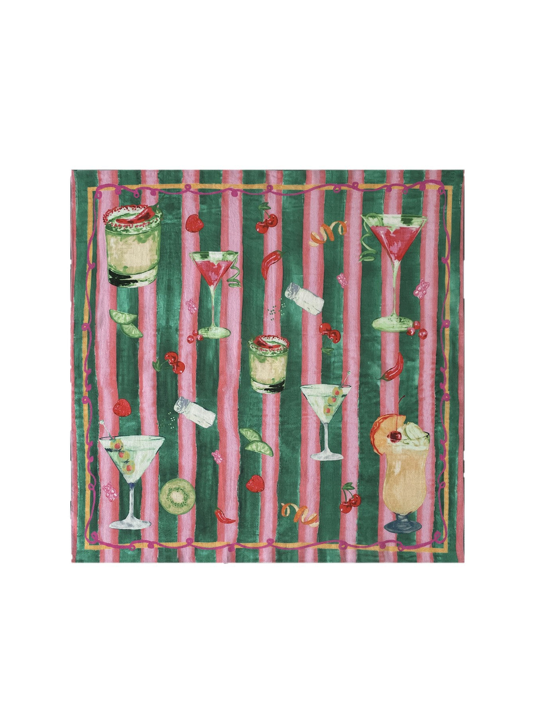 Multicolor square scarf with pink and green stripes and cocktail motifs