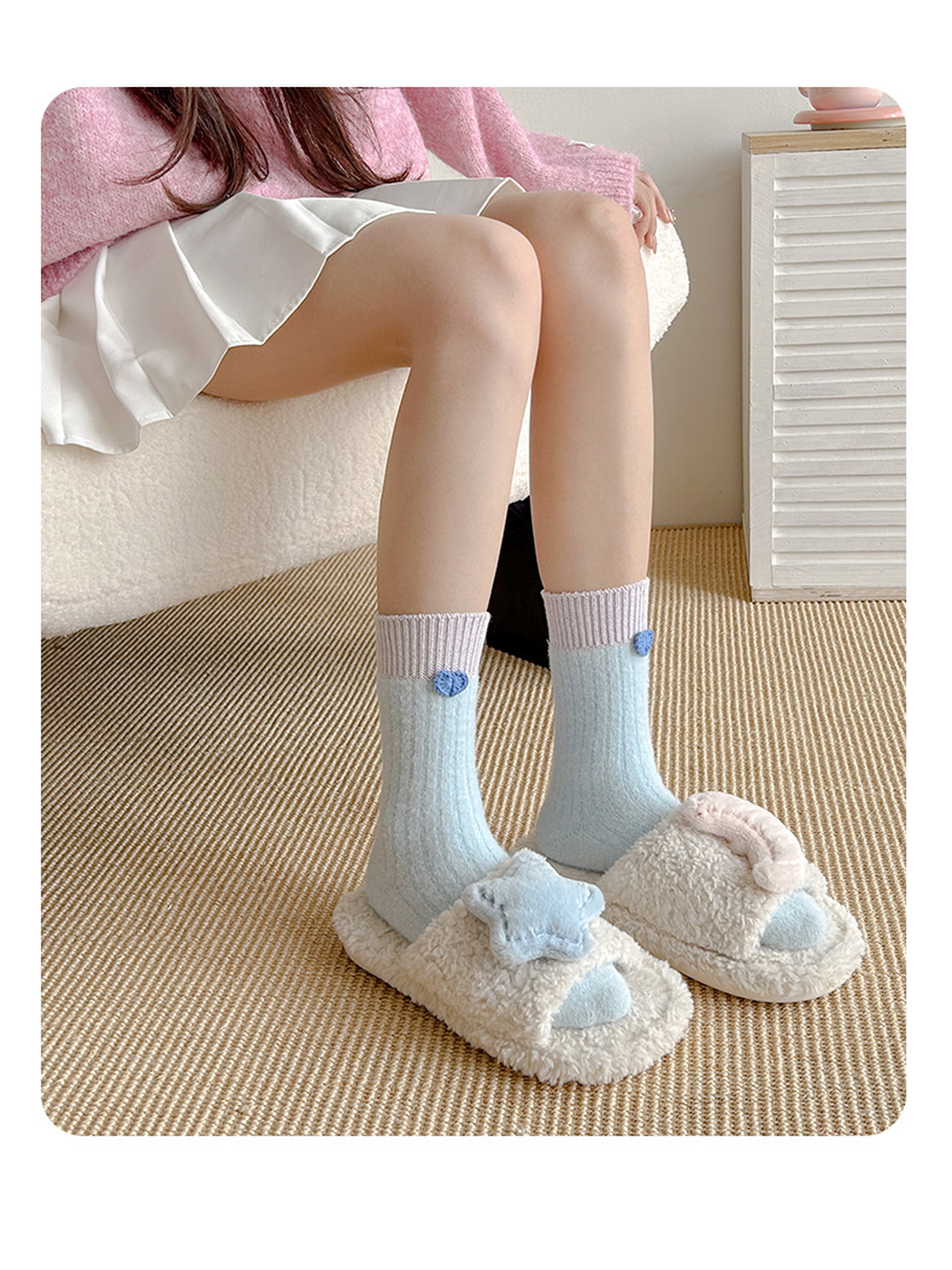 Light Blue crew socks worn with the full ribbed silhouette visible