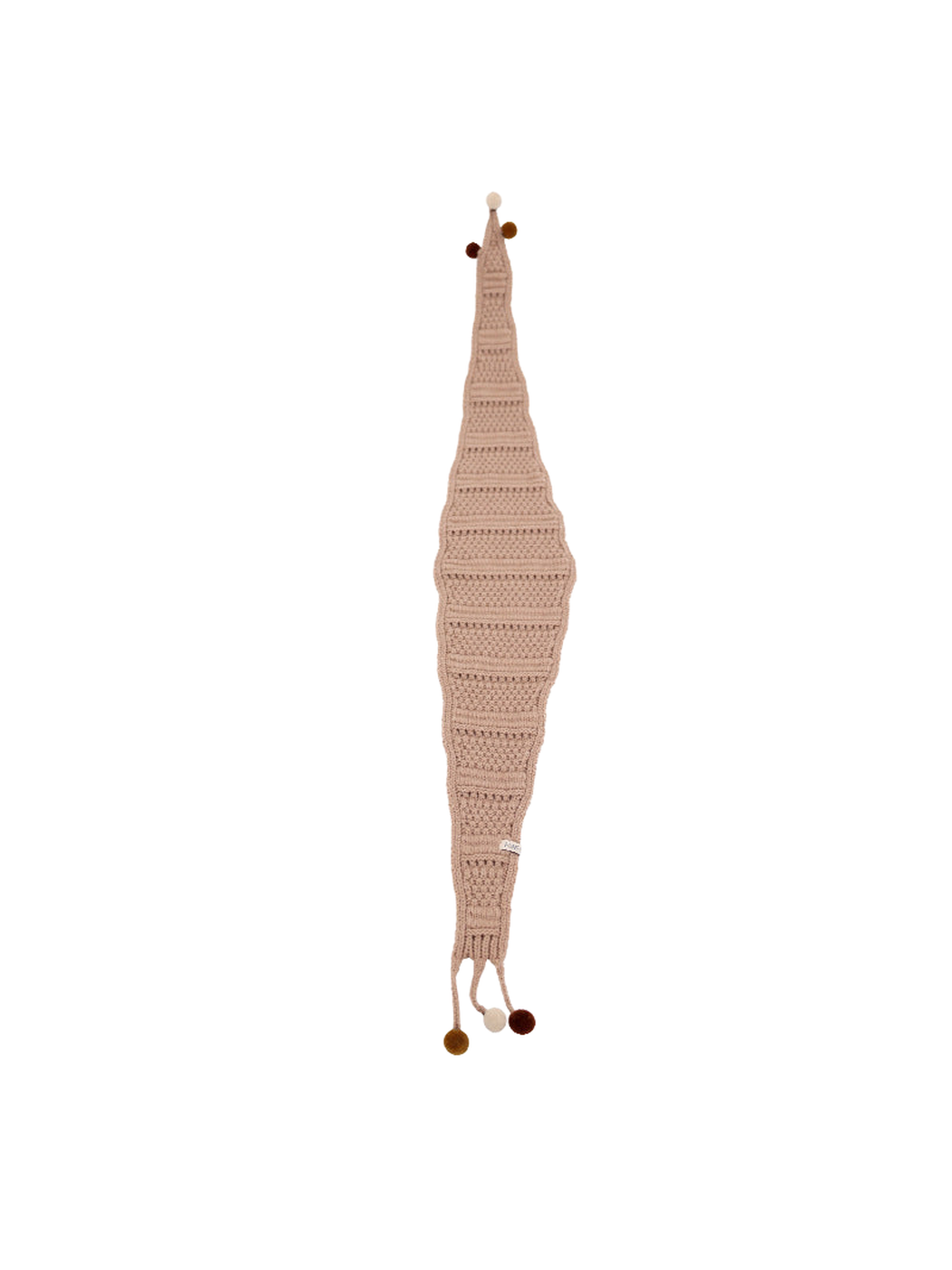 Khaki tapered scarf with openwork bands and pom-pom-tipped ties