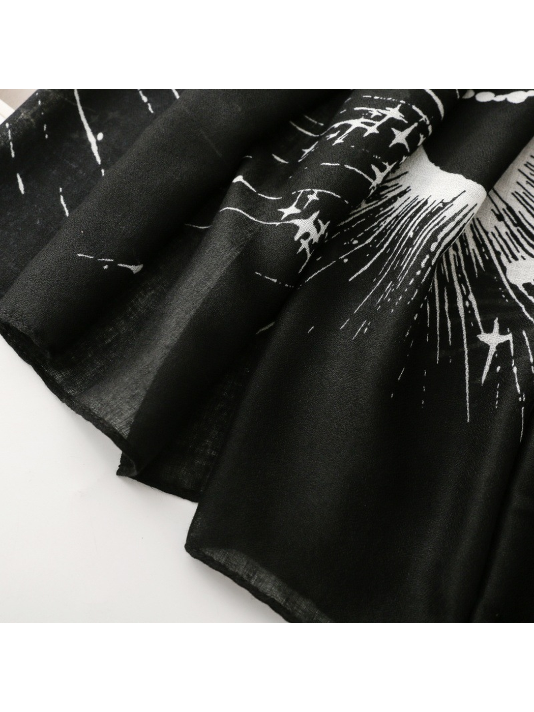 Close-up of the Black scarf's stitched edge and radiating white print
