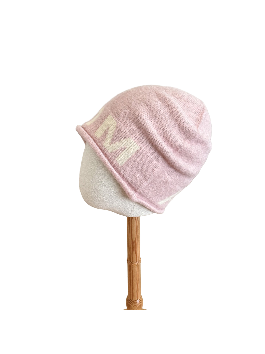 Pink Ivory beanie with a folded cuff and contrasting block lettering