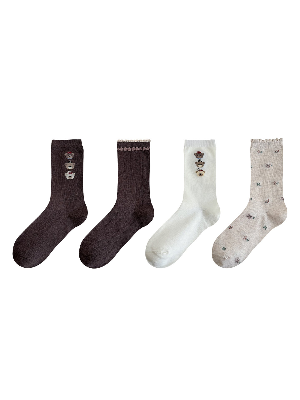 Four crew socks displayed together in White Bear, Ruffled Cuff, Brown Bear, and Floral styles