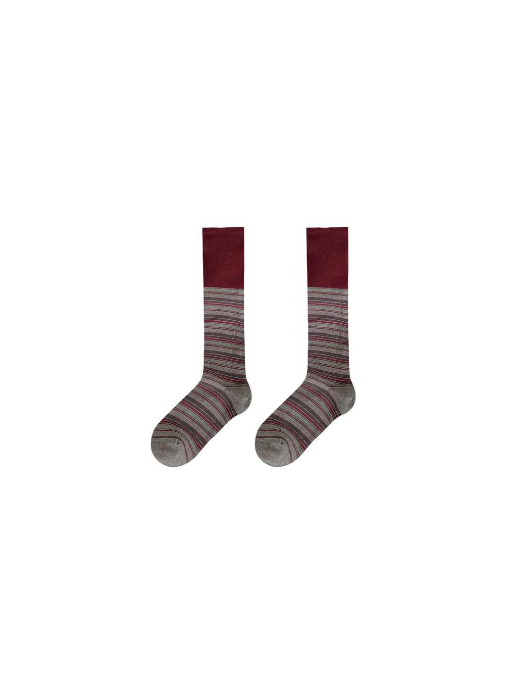 Burgundy striped knee-high socks, front view