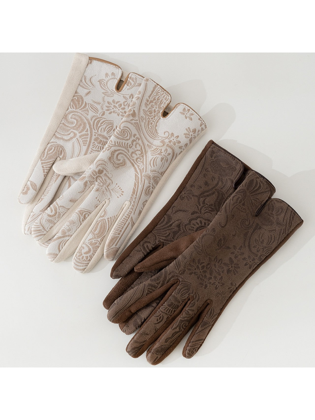 Ivory and brown full-finger gloves displayed together