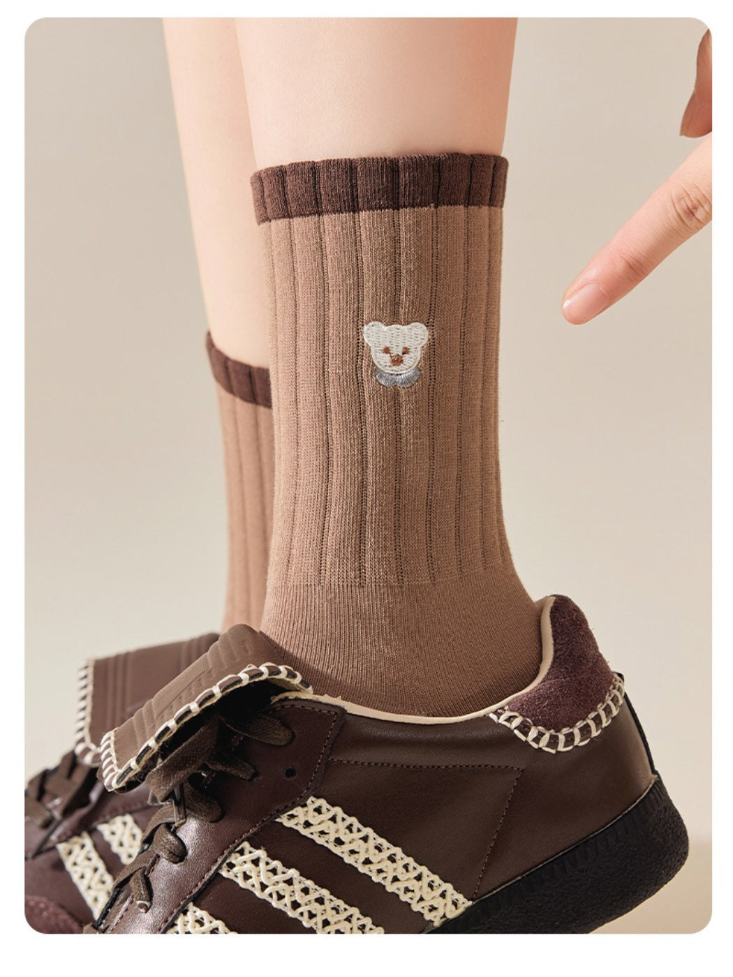 Rufia - Embroidered Bear Ribbed Crew Socks
