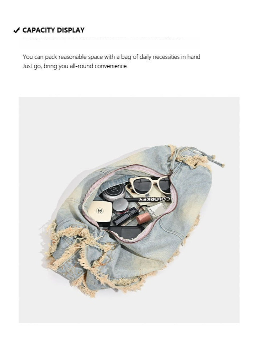 Cosbai - Large-capacity Washed Denim Bag with Shoulder Strap