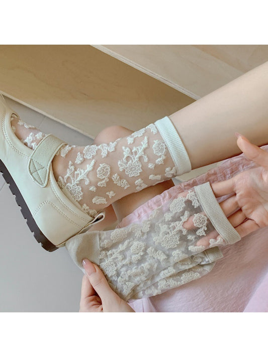 Rufia - Retro Floral Embossing Sheer Crew Socks