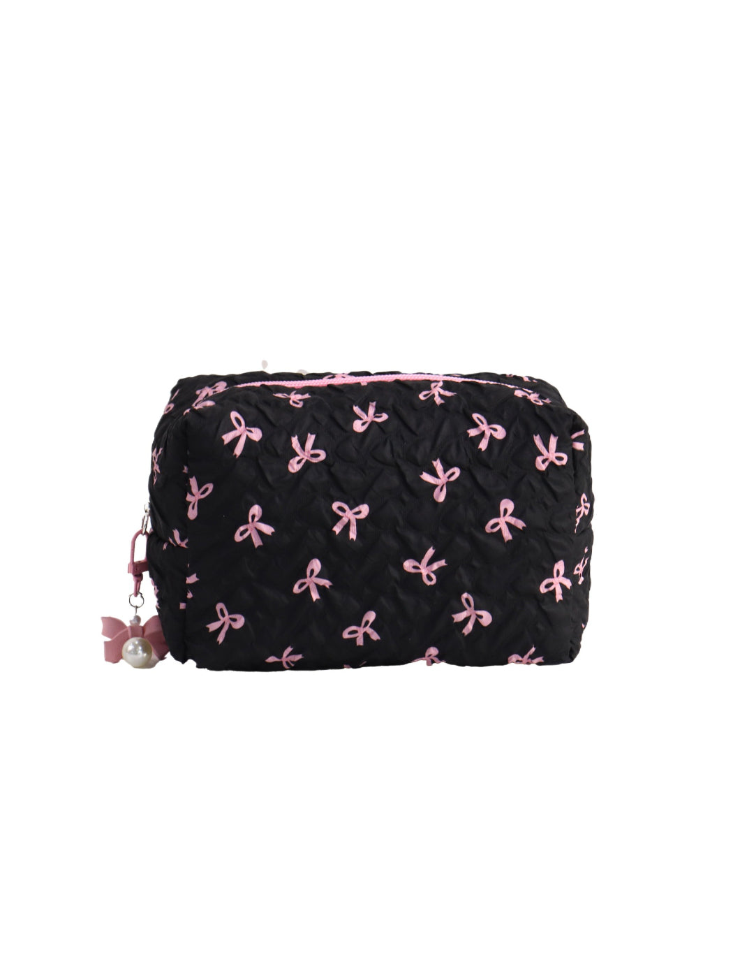 Cosbai - Bow Print Quilted Cosmetic Pouch with Bead Charm detail view 3