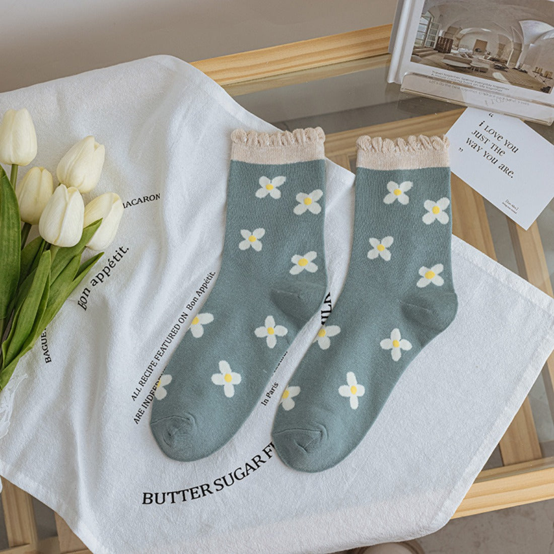Rufia - Floral Lace Trim Mid-Calf Socks