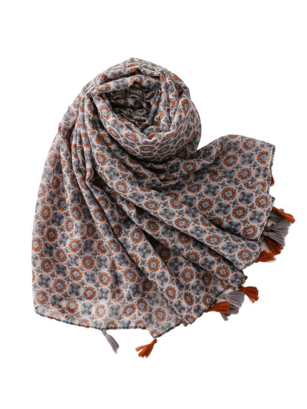 Vintage floral scarf folded to highlight texture and fringe trim