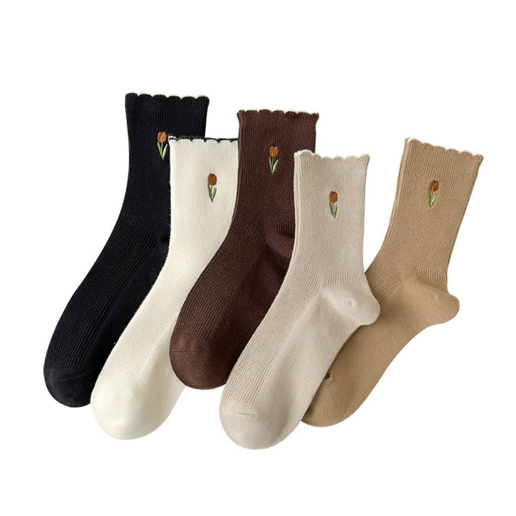 Rufia - Solid-Color Floral Tulip Socks - Sweet & Classic