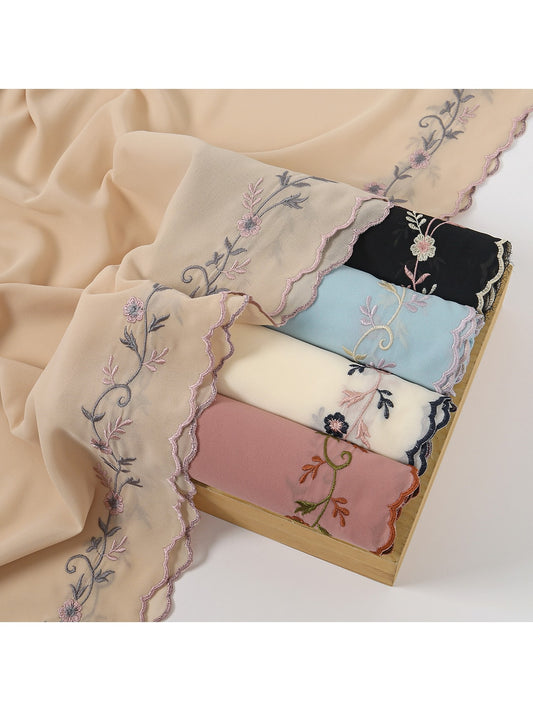 Scarvii - Embroidered Floral Edge Summer Wrap Scarf