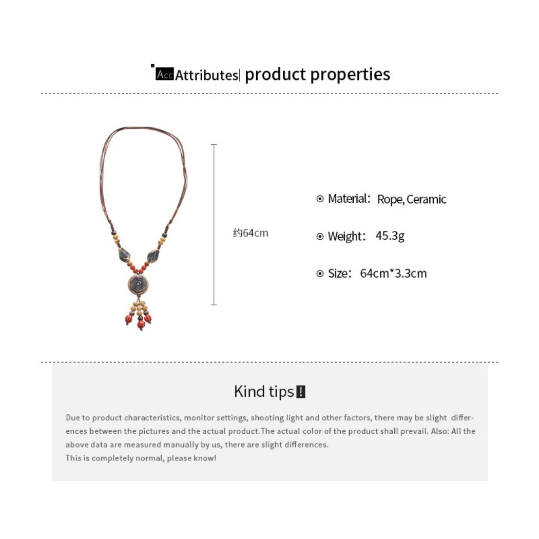 Bauai - Boho Ceramic Bead Fringe Long Necklace - Vintage & Unique