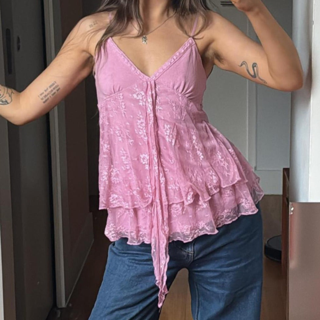 Vesty - Pink Lace Tie-Front Cami Small - Sexy & Slimming