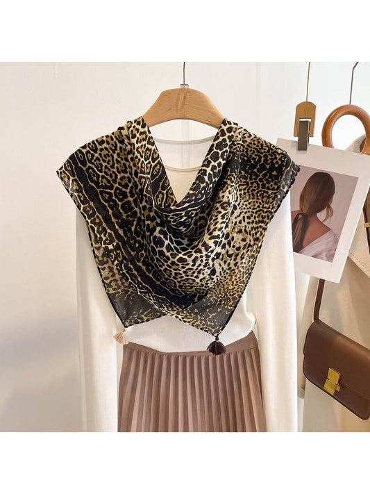 Scarvii - Leopard Print Tassel Trim Square Scarf
