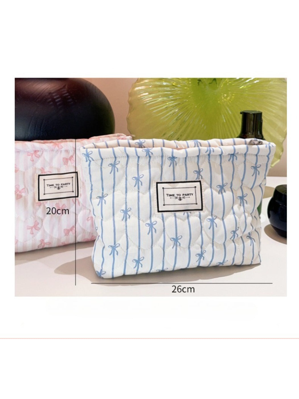 Cosbai - Quilted Bow Stripe Cosmetic Pouch