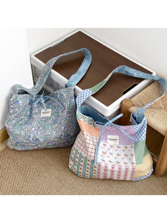 Close-up of patchwork details and stitching on Cosbai slouchy shoulder bag