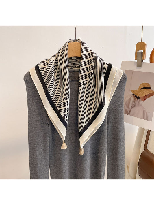 Scarvii - Geometric Line Print Tassel Square Scarf