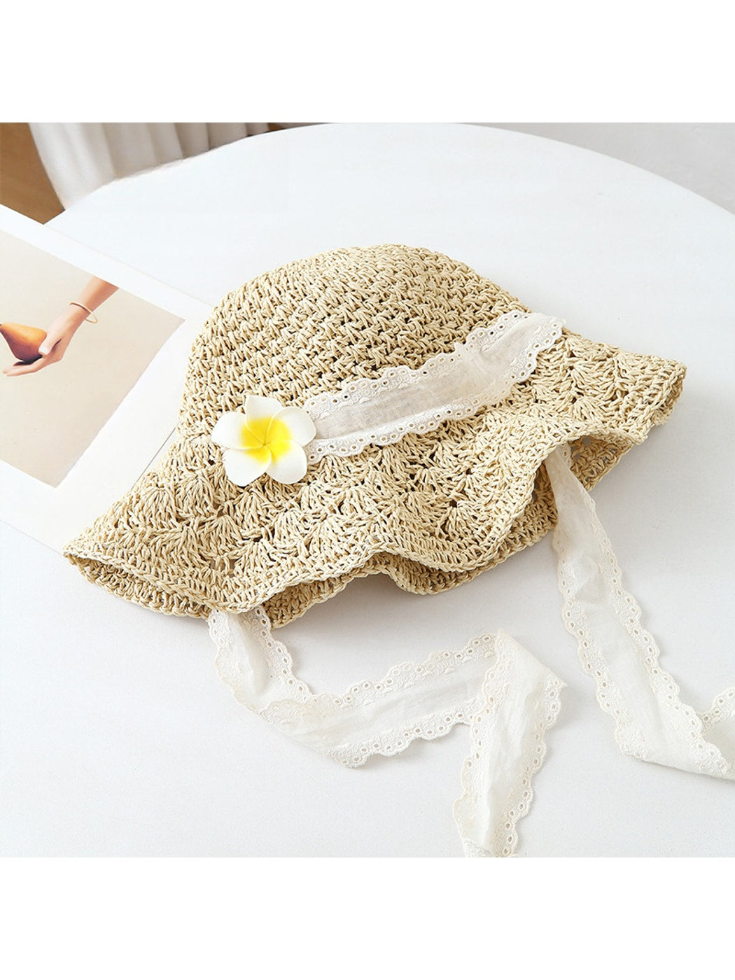 Haila - Women's Floral Lace Trim Wide Brim Hat