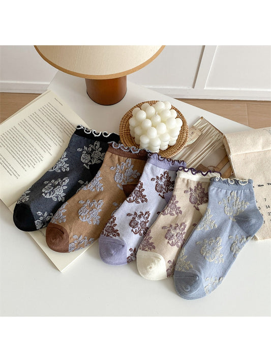 Rufia - Muted Floral Ruffle Trim Ankle Socks