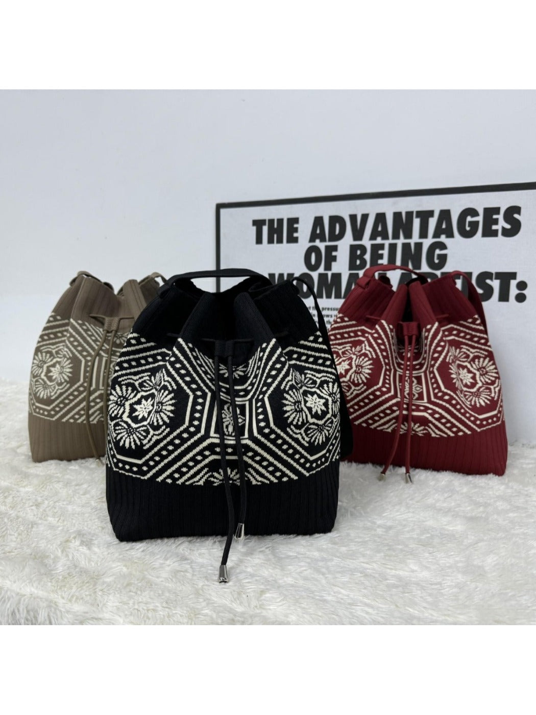 Cosbai - Knitted Shoulder Bag with Retro Style Featuring Drawstrings