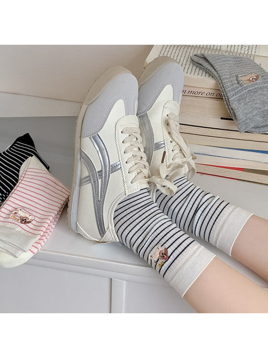 Rufia - Striped Puppy Embroidery Crew Socks